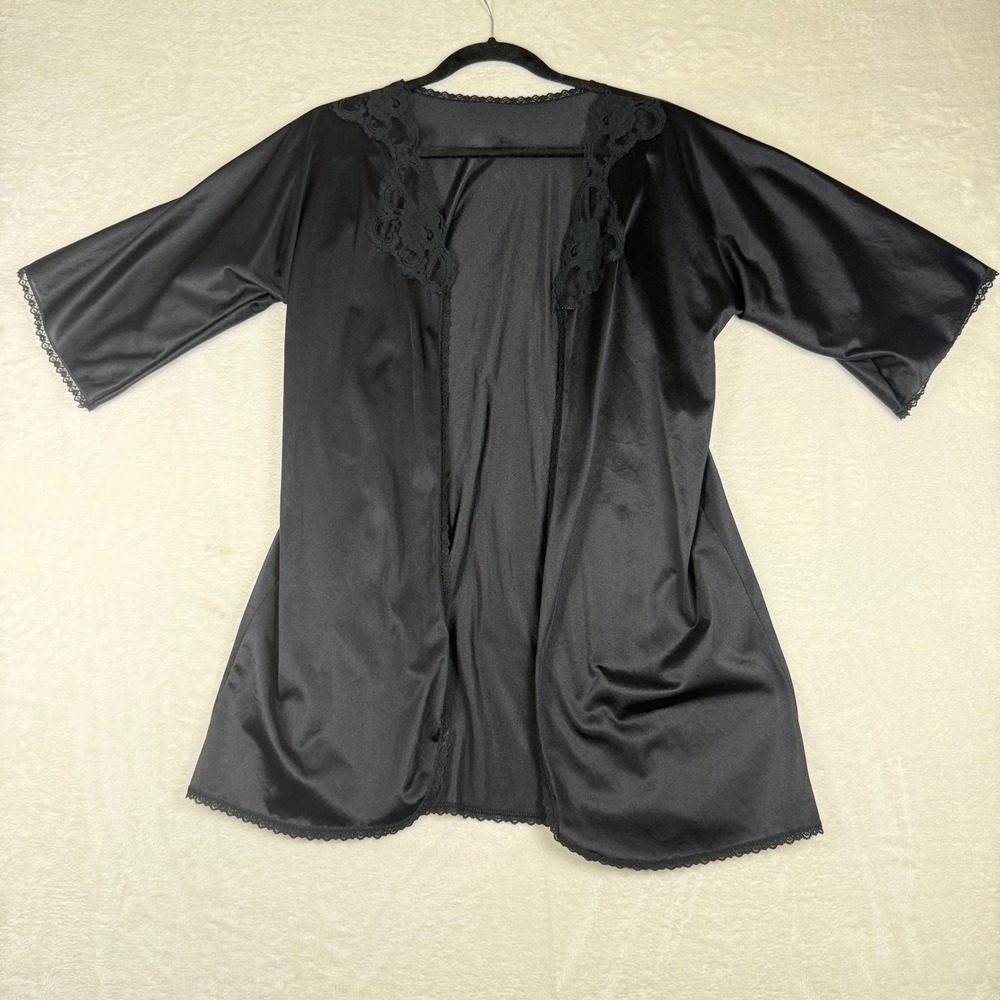 Vintage Black Nylon Lace Trim Robe Lingerie Cover Up Boudoir Glam One Size